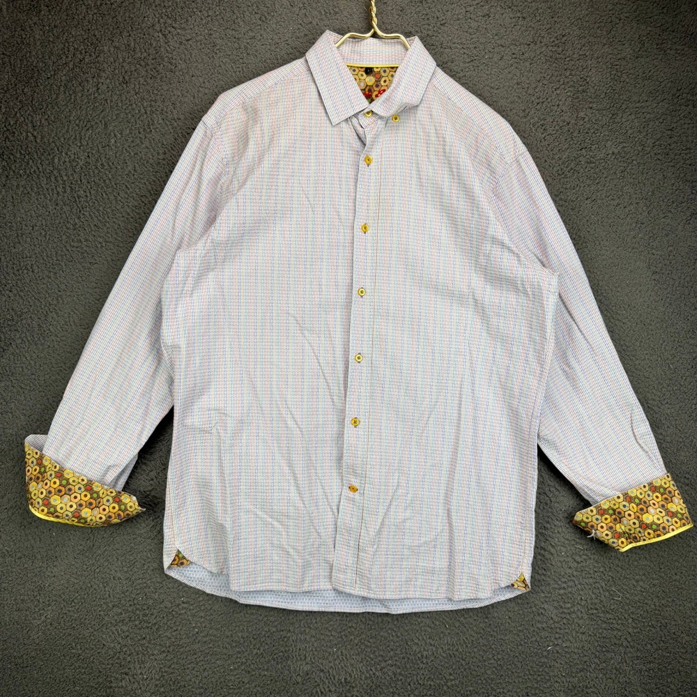 Visconti Black Mens Large Button Down Shirt Pencil Print Contrast Cuffs Multi